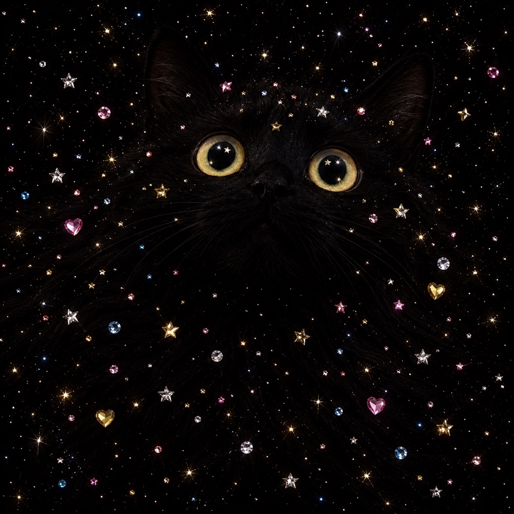 A wide-eyed black cat blending into a universe of tiny stars and colorful crystal gems.